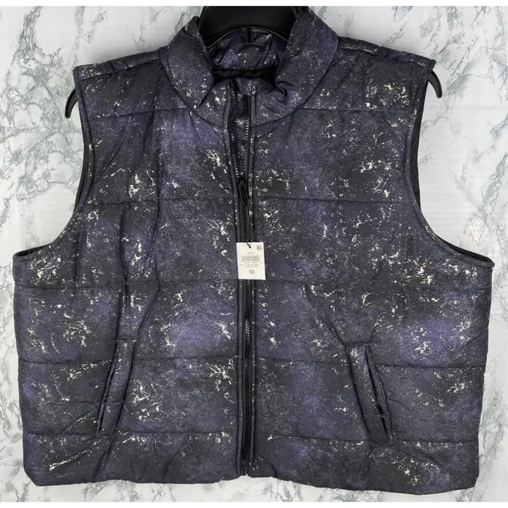 ID Ideology Womens Puffer Vest 1X Deep Black, purple with Speckle foil design - Picture 1 of 9